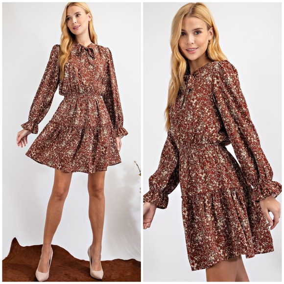 Gorgeous Boho Feminine Rust Floral Long Sleeves Flowy Dress - Picture 10 of 10